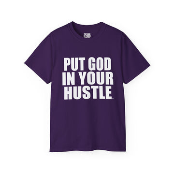 White on Purple Put God In Your Hustle Tee